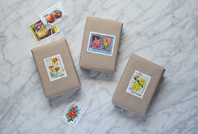 Postage stamp gift wrapping
