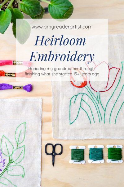 Heirloom Embroidery: a blog post about a legacy embroidery project in which Amy Reader is completing the embroidery of her grandmother who passed away in 2018. She left behind five partially finished floral embroidery squares.