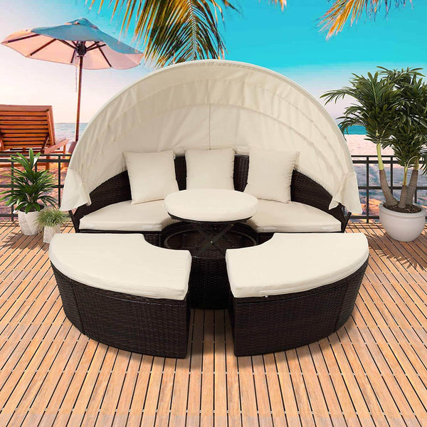 Patio Round Daybed Furniture Set with Retractable Canopy, Coffee Table