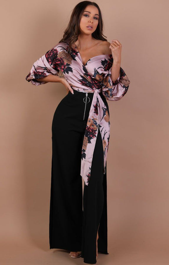 Pink-Floral-Satin-Ruched-Sleeves-Wrap-Top