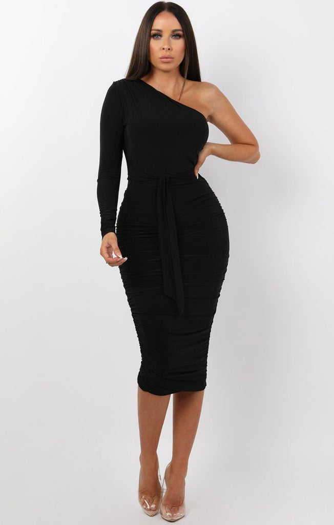 black one sleeve midi dress