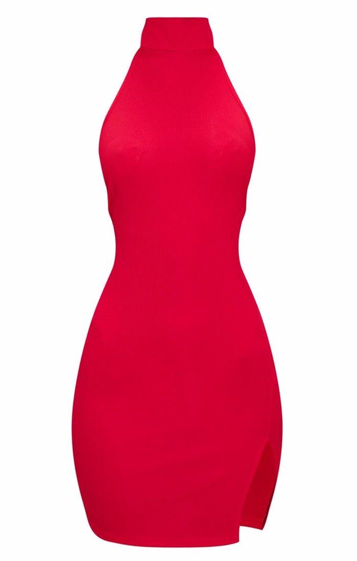 Red High Neck Split Side Bodycon Dress - Dana