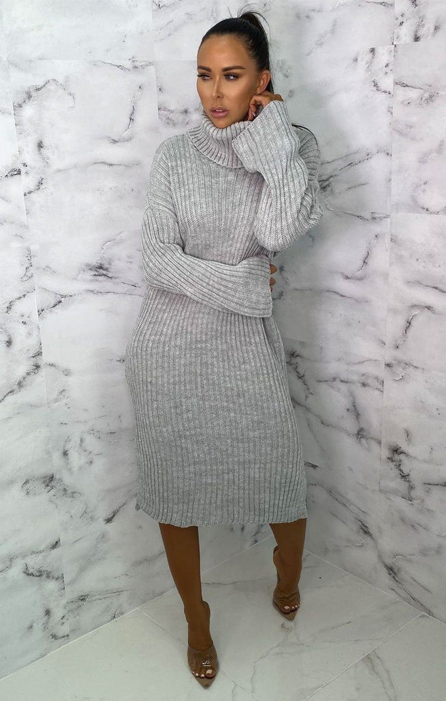 Grey High Neck Knitted Side Split 