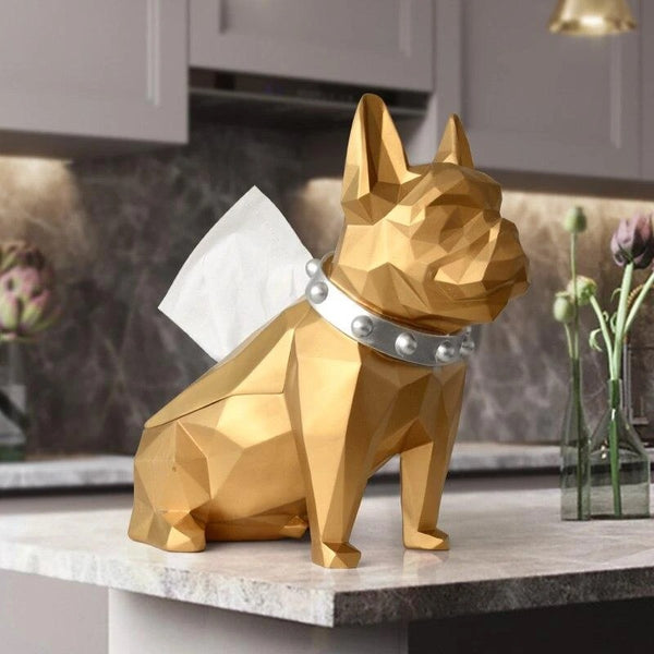 Image of a French Bulldog Statue or French Bulldog tissue holder in gold color made of resin
