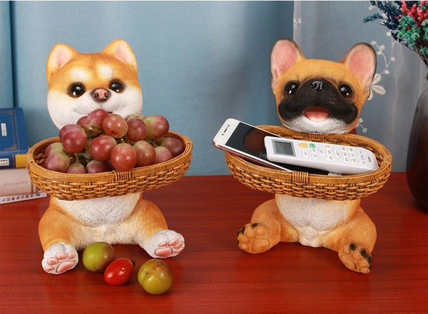 Image of Shiba Inu Statue and French Bulldog Statue sitting on a table and holding basket, made of resin