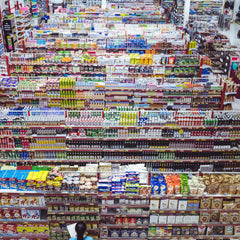 Aisles and aisles of supermarket products in plastic