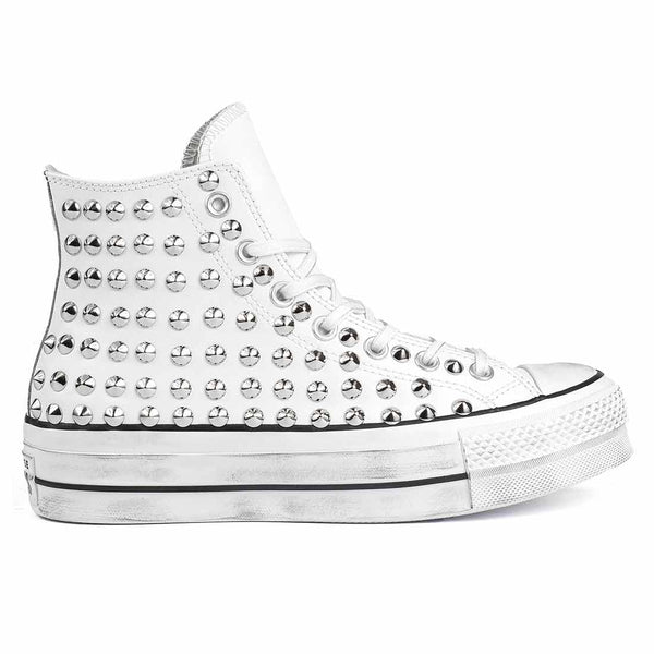 Converse All Star Platform Alte in Pelle con Borchie - Bianche | Racoon-LAB