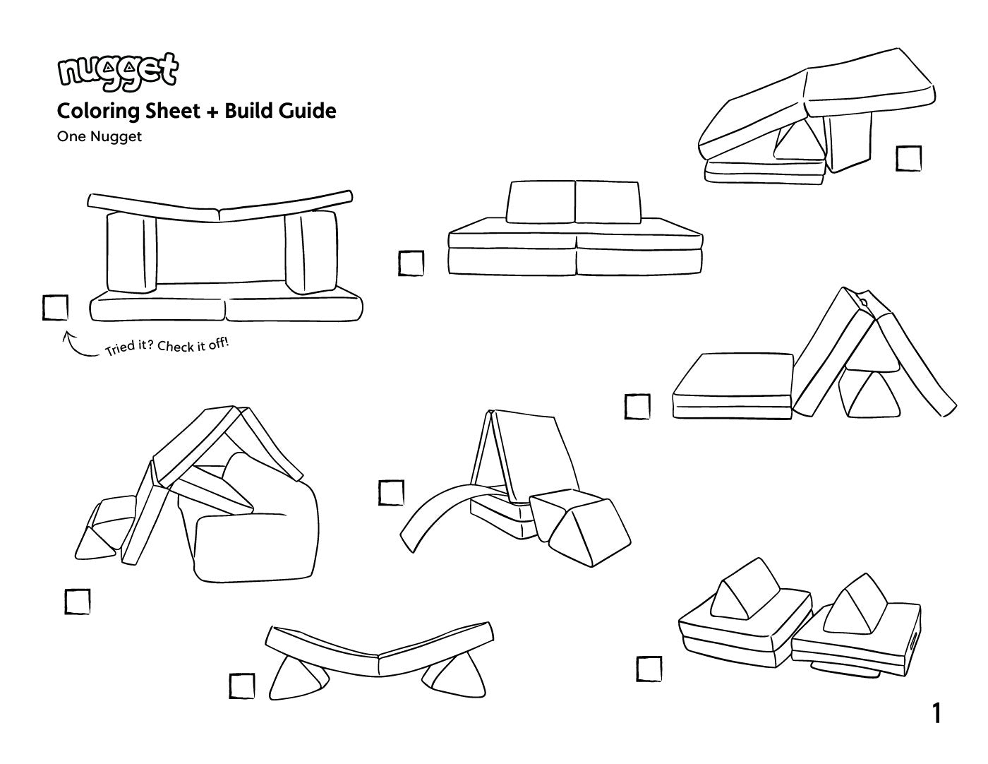 Coloring sheet and build guide for kids to color in different Nugget build types