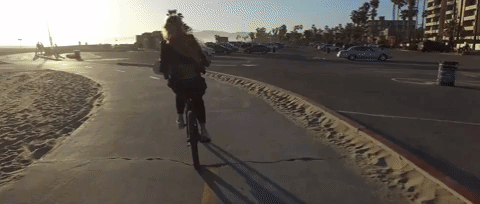 blond girl wearing black forrest and bob tank top while bicycling on venice beach in los angeles california