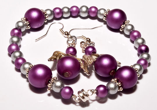 Purple and silver beaded bracelet and earrings