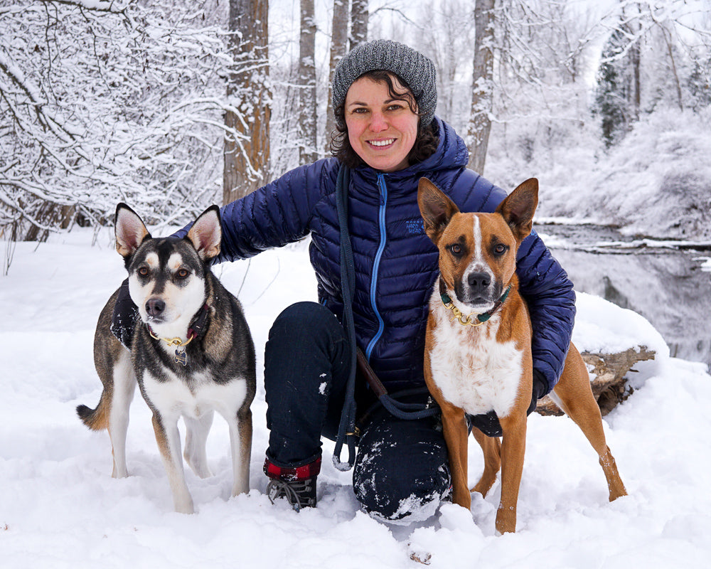 The WanderDog Designs Family- Owner with rescue dogs