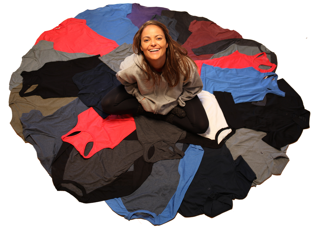 LK sitting on many t-shirts