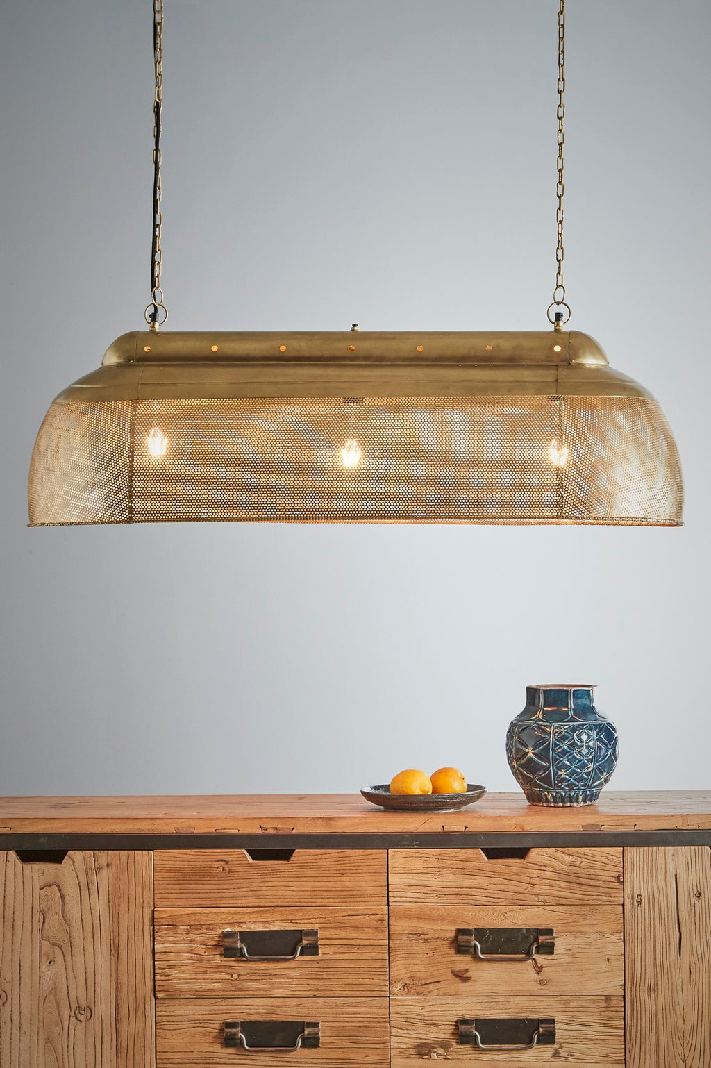 Riva Long - Antique Brass - Perforated Iron Elongated Pendant Light