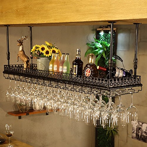 Ceiling Mounted Wine Bar Wall Rack Hanging Glass Rack Hanging Bottle Holder Adjustable Metal Industrial Style Color Black Size 120cm 35cm