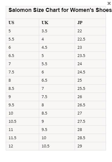 salomon women's shoe size chart