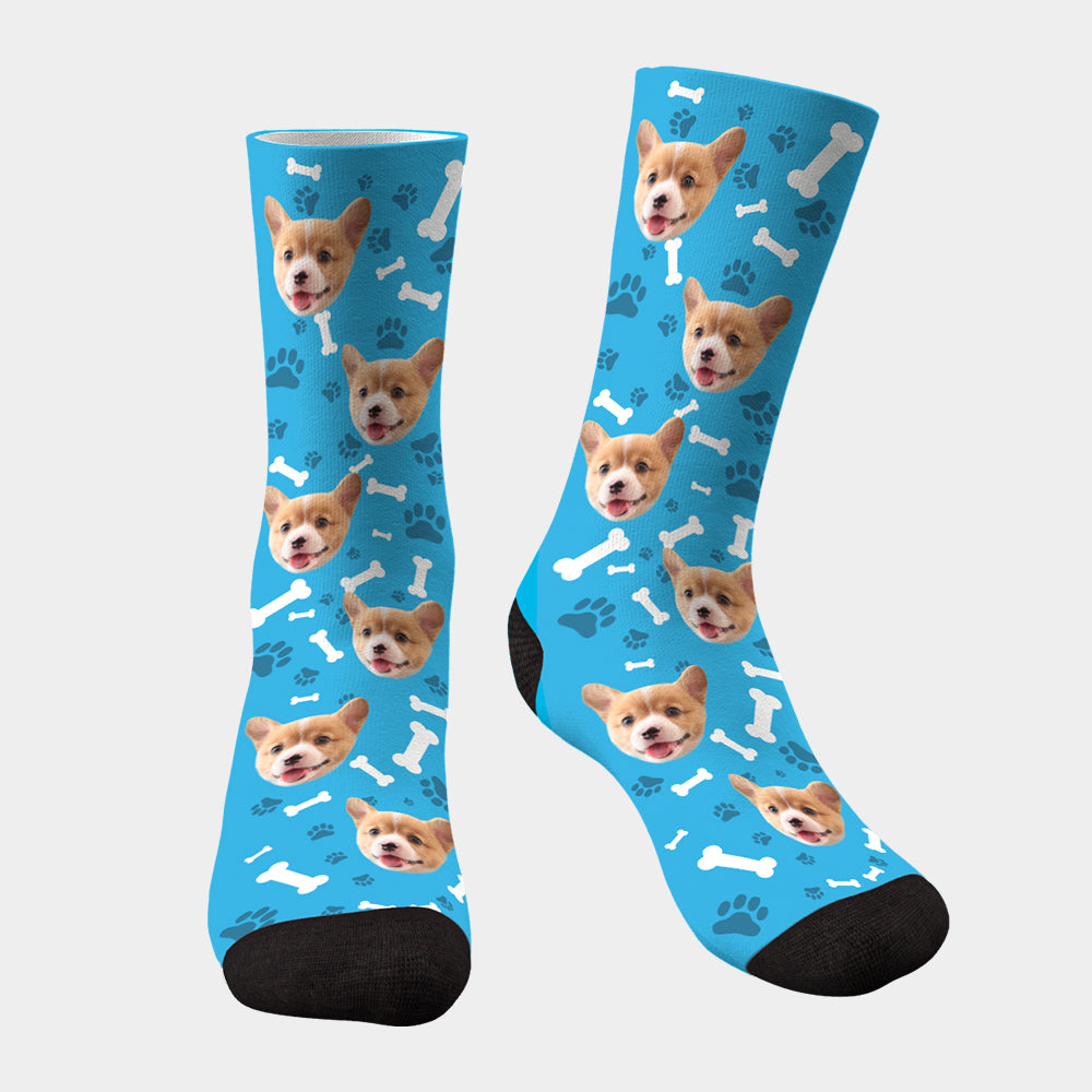 Cat and Dog Tracks Paws Bones Crew Socks with Picture for Men Women Custom Personalized Photo Pet Face Socks 