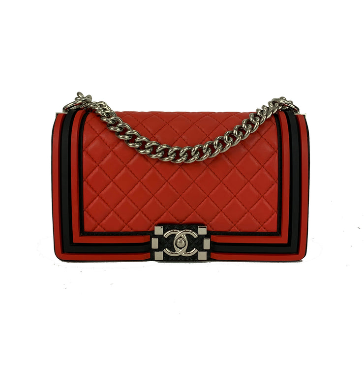 CHANEL Red Crest Boy Bag with Black Rubber Trim