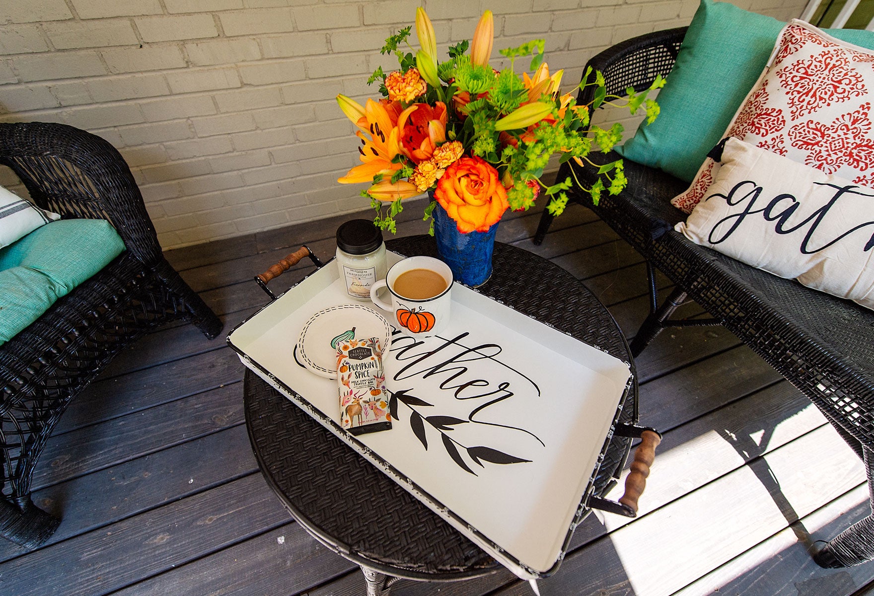 Fall Porch Decor With Chairs and Table and Tea