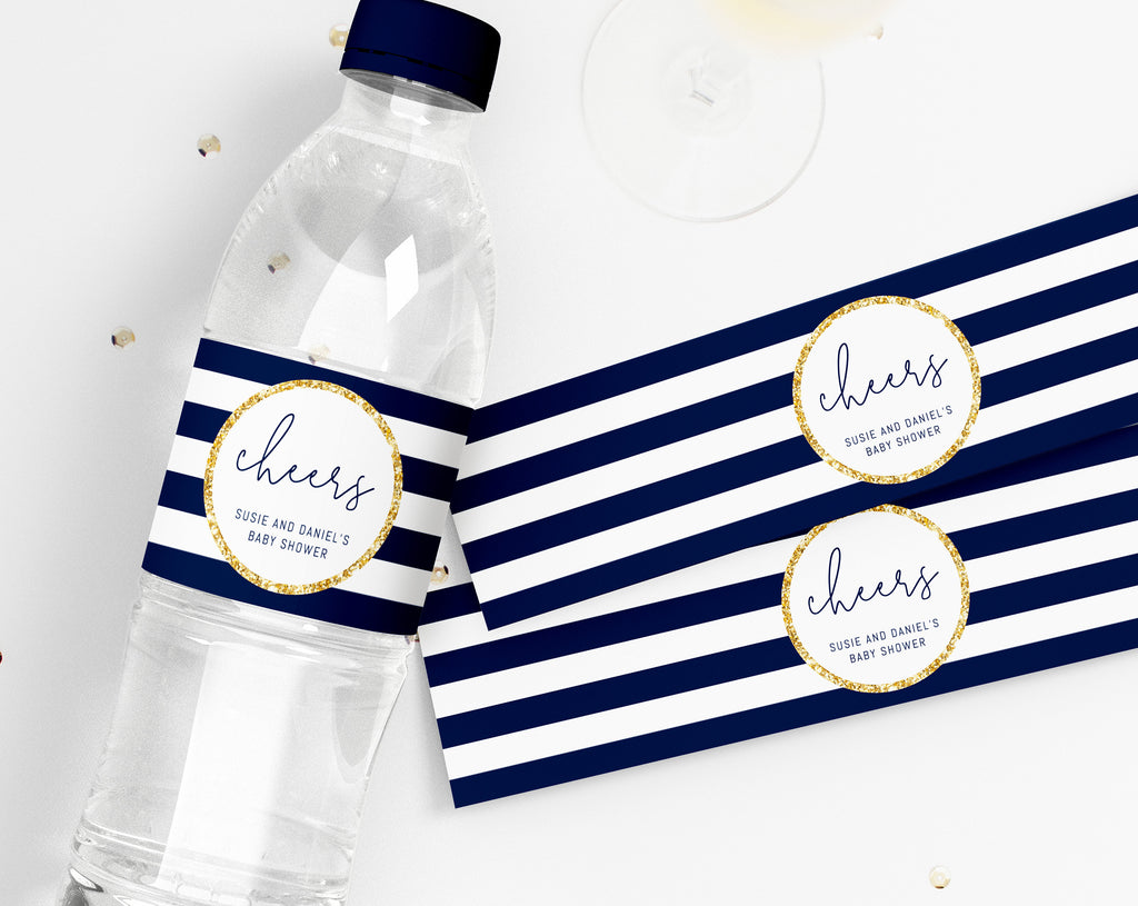 Navy and Gold Water Bottle Label Template, Baby Shower Water Bottle La