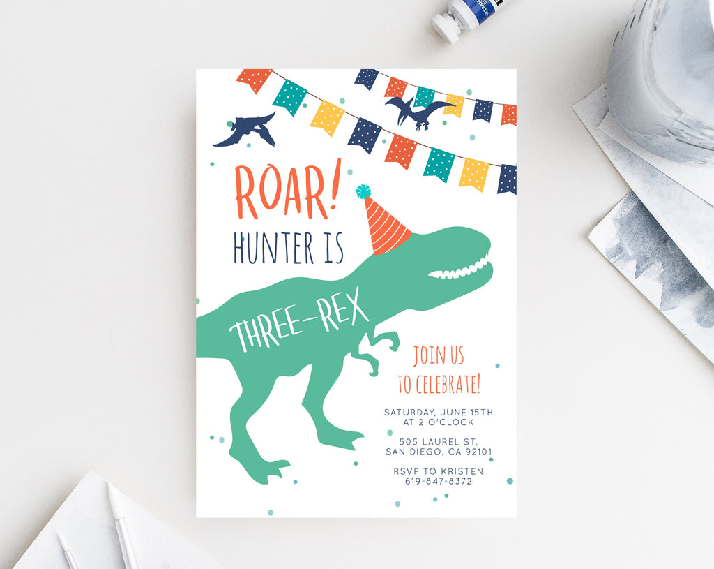 Dinosaur Birthday Invitation Template, ThreeRex Dinosaur Invite, Dino