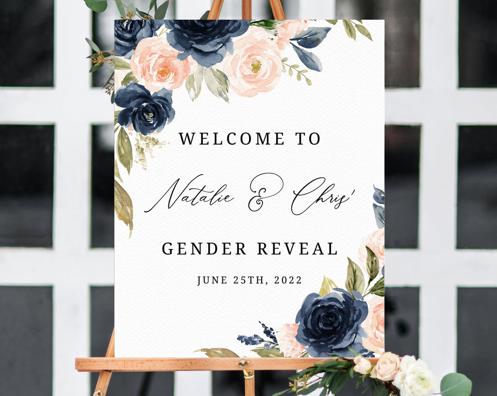 Gender Reveal Welcome Sign Template, Printable Watercolor Navy Blue an | paperandthings