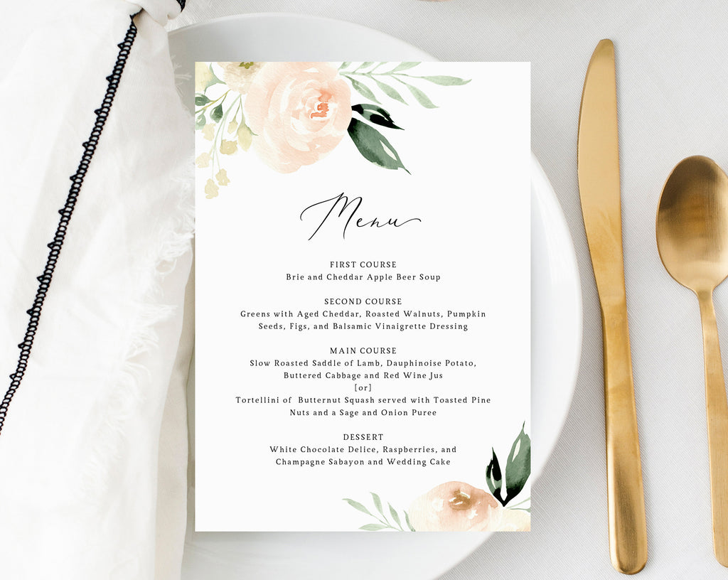 Peach & Ivory Wedding Menu Template, Printable Floral Menu, Editable W