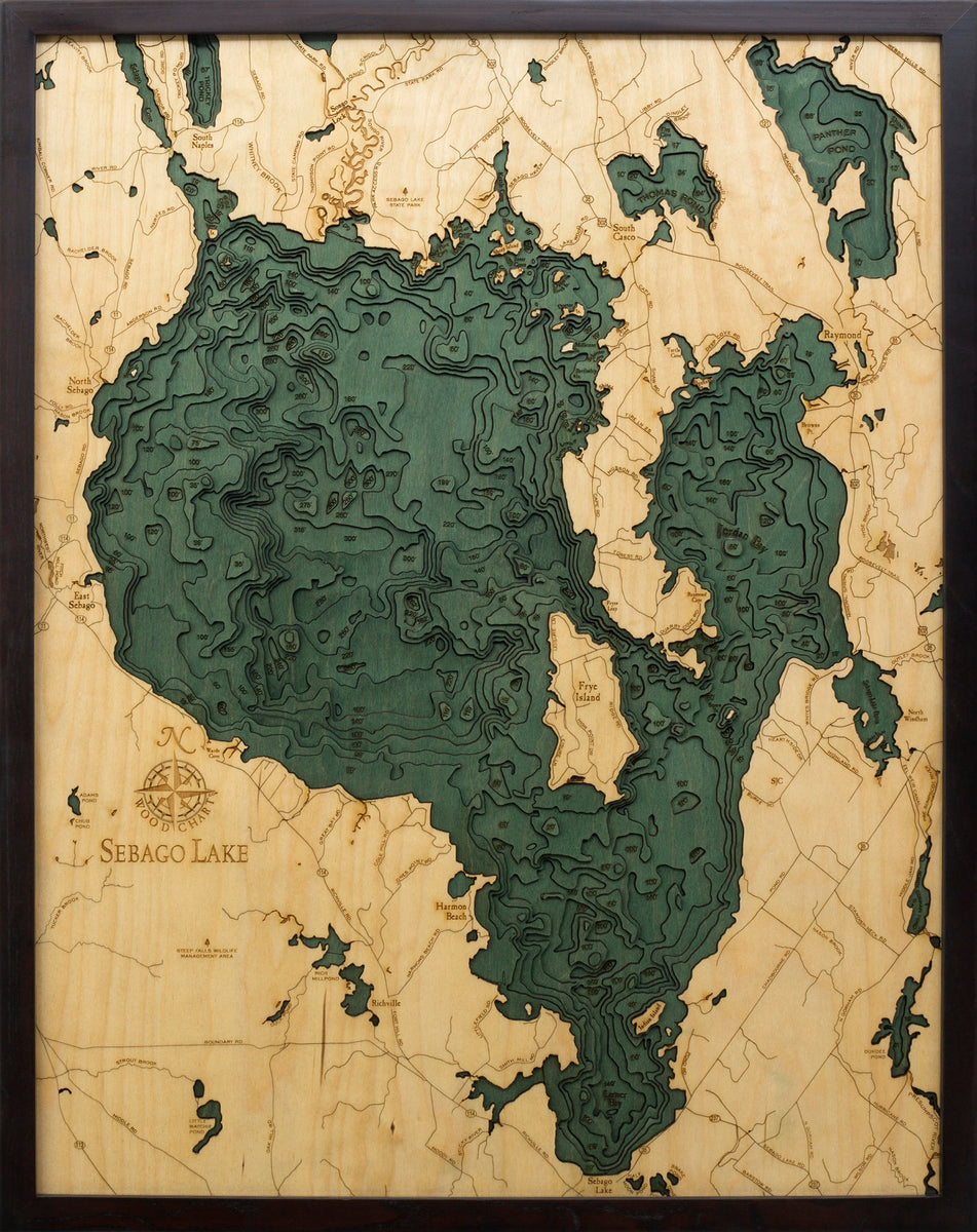 Sebago Lake Wood Carved Topographic Depth Chart/Map Lake Chart