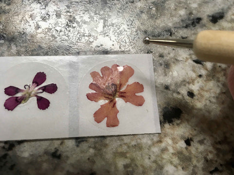 before and after burnishing pressed flower sticker