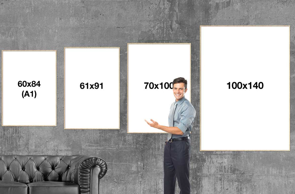 billede der viser store og mega rammestørrelser på en væg
