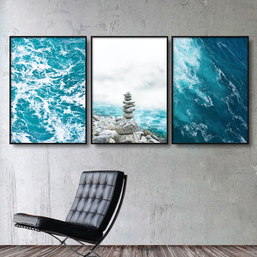 tre mindfulness plakater med blå vandmotiver