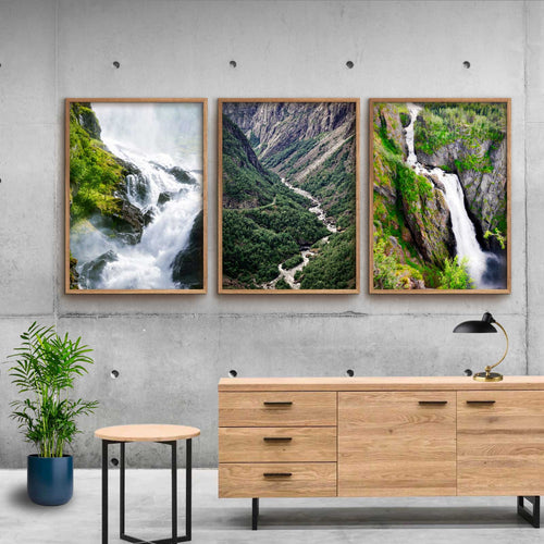 billedvæg tre plakater med grønne naturmotiver fra norge