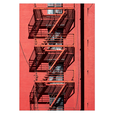 rød plakat med en husfacade fra East Village arkitekturplakat