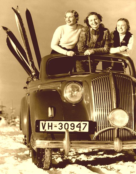 Vintage Ski Girls in Car.