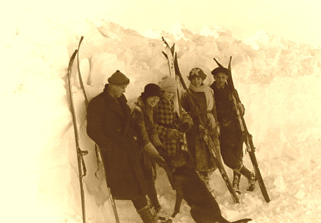 Ipsheming Michigan skiers with their old wood skis c. 1928.