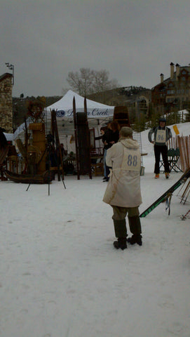 Vintage Ski Festival in Beaver Creek Colorado 2011 showing our Vintage Winter booth and a skier in period costume.