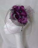 grey and amethyst orchid veiled pillbox fascinator hat by indigo daisy hat shop