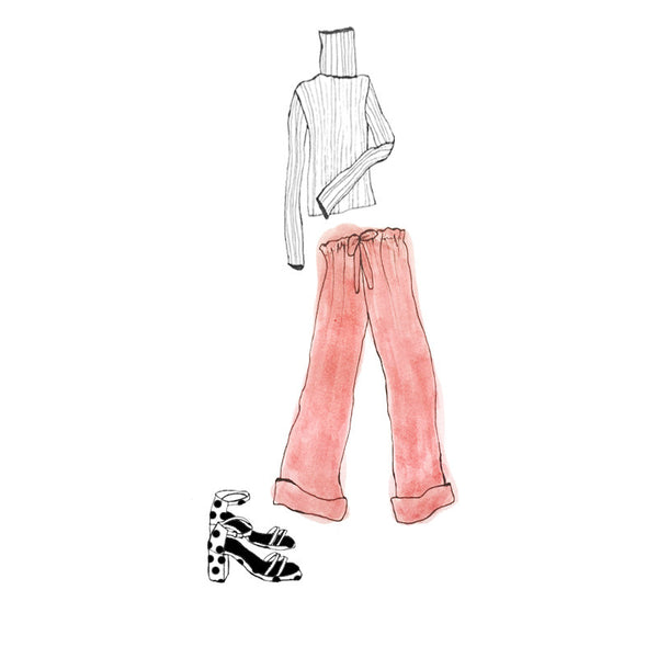 Sketch of a turtleneck, pink pants, and heels