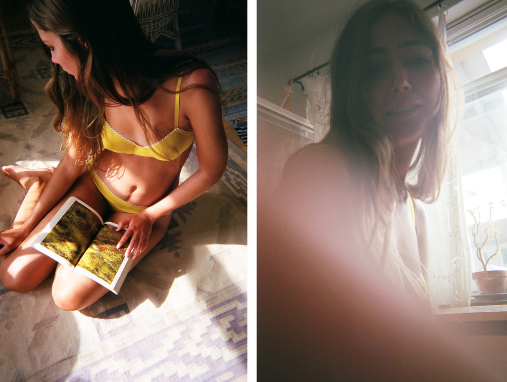 Photos of a woman in a yellow bra and underwear sitting and reading a magazine.