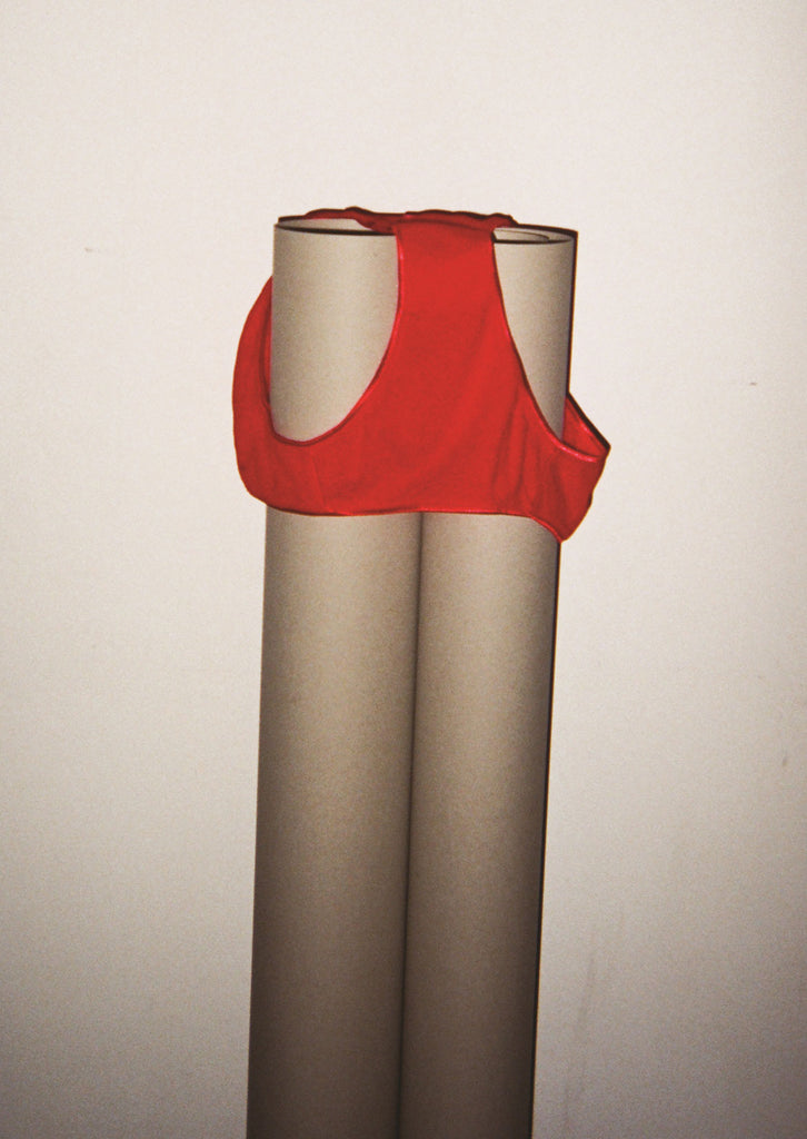 Red underwear placed on rolled brown papers.