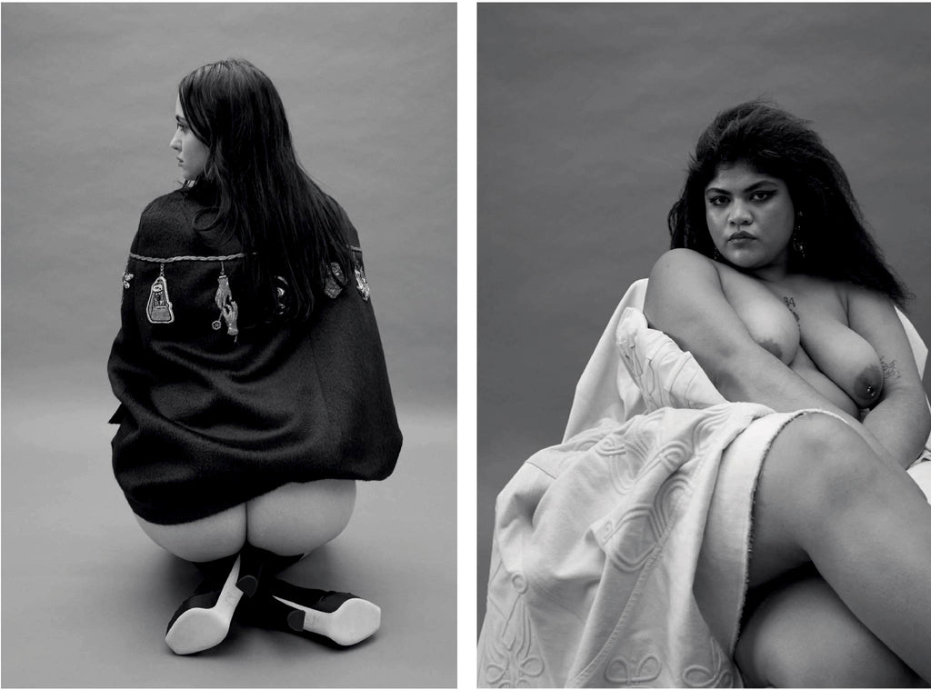 Black and white photos of nude woman wrapped in a variety of fabrics.
