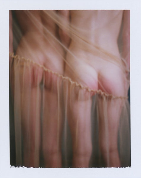 Back view of nude women covered by tulle.