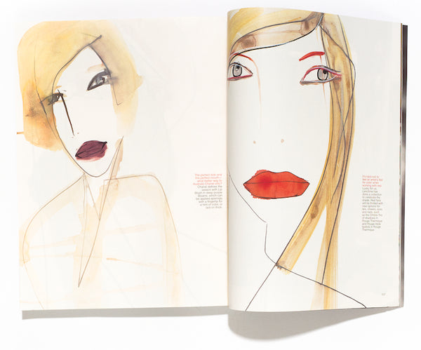 Magazine pages of sketches of woman's faces.