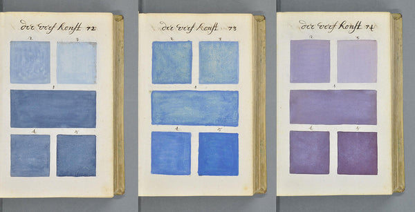 Book pages with painted shades of blue and purple.