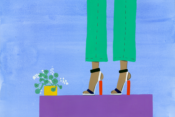 Illustration of a woman wearing green pants and heels on a purple stand.