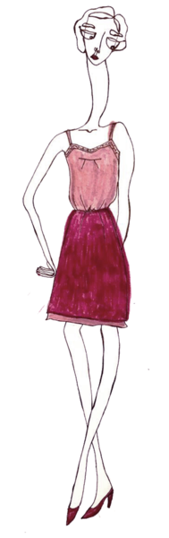 Sketch of a woman in a pink shirt and top.