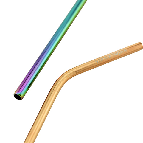 1 straight rainbow and 1 bendy metal straw with strawtopia logo