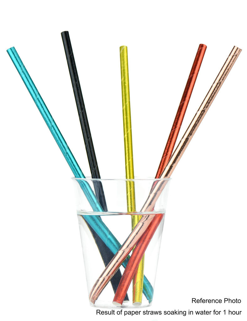 reference photo, strawtopia metallic like black, cyan gold, yellow and pink gold paper straws soaking in water for one hour to prove that the straws do not get soggy or break apart
