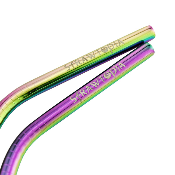 4 Bendy (8.5 inches) Rainbow Reusable Metal Straws with Cleaning Brushes Close Up — STRAWTOPIA