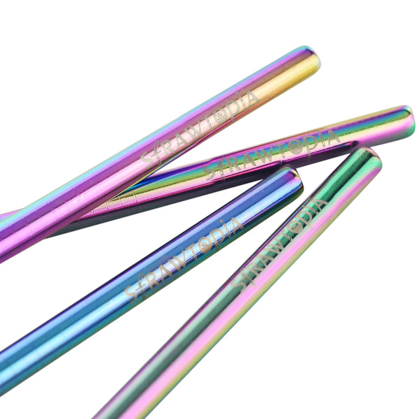 4 Straight (8.5 inches) Rainbow Reusable Metal Straws with Cleaning Brushes Close Up — STRAWTOPIA