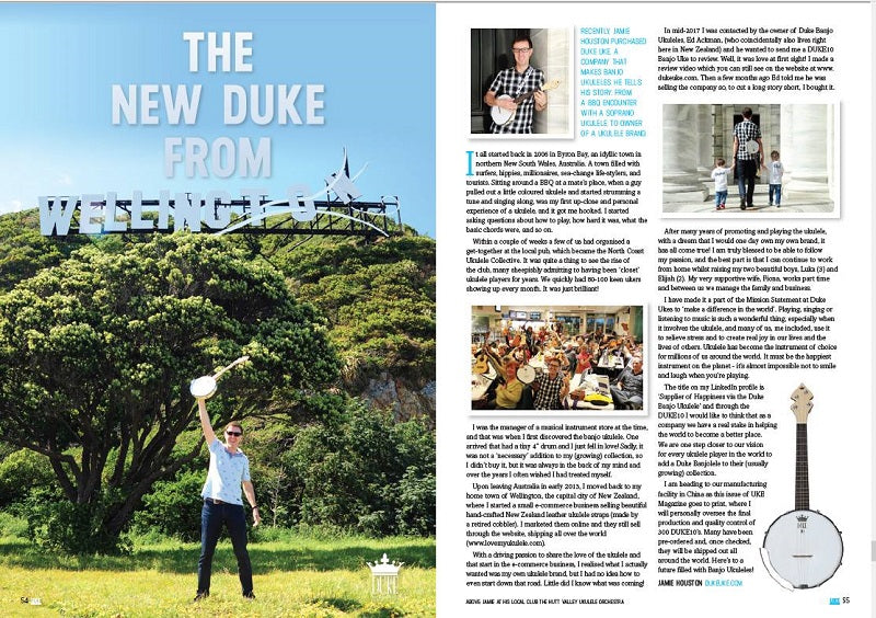 Duke Banjo Ukuleles article in UKE Magazine December 2018